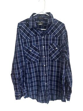 Vintage Canyon Guide pearl snap blue plaid western shirt size L